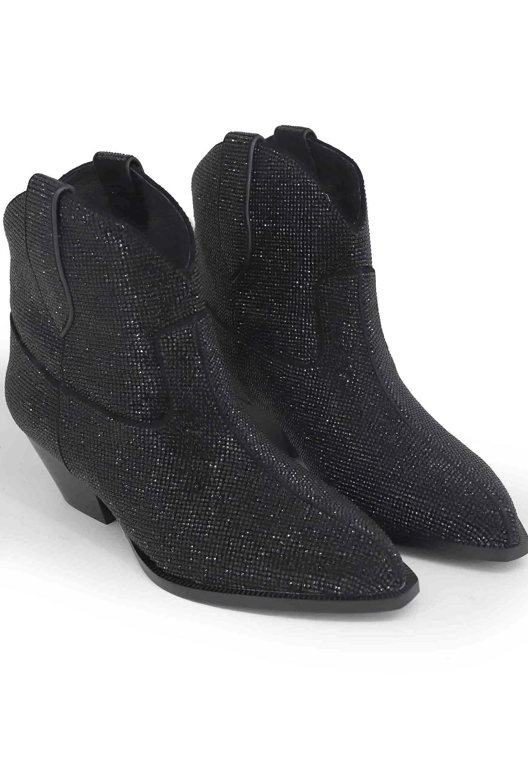 Stivaletti Texani Donna In Camoscio Nero Con Strass In Tinta Boves*Lola Cruz Store