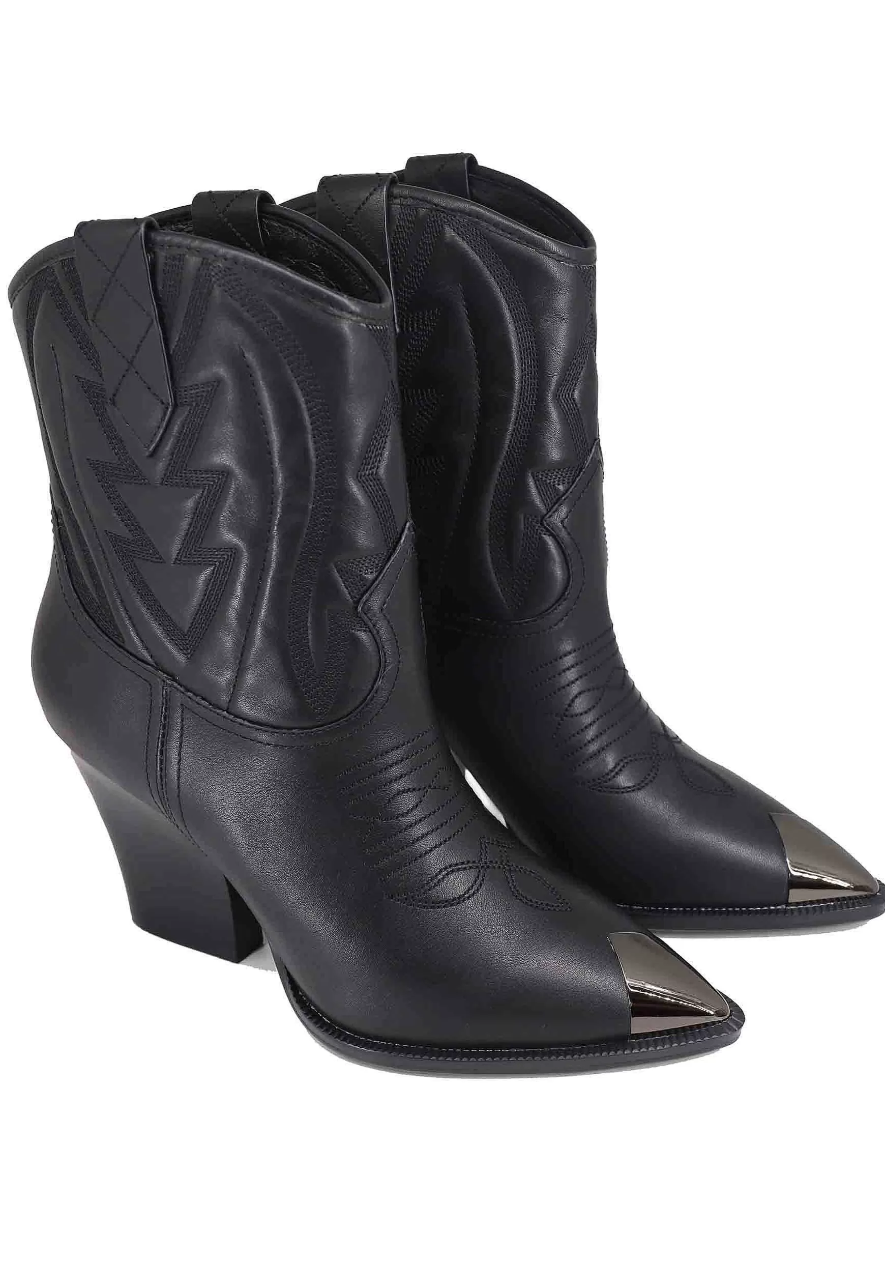Stivaletti Texani Donna In Pelle Nera Con Cuciture In Tinta E Puntale In Acciaio Gambels*Lola Cruz Store