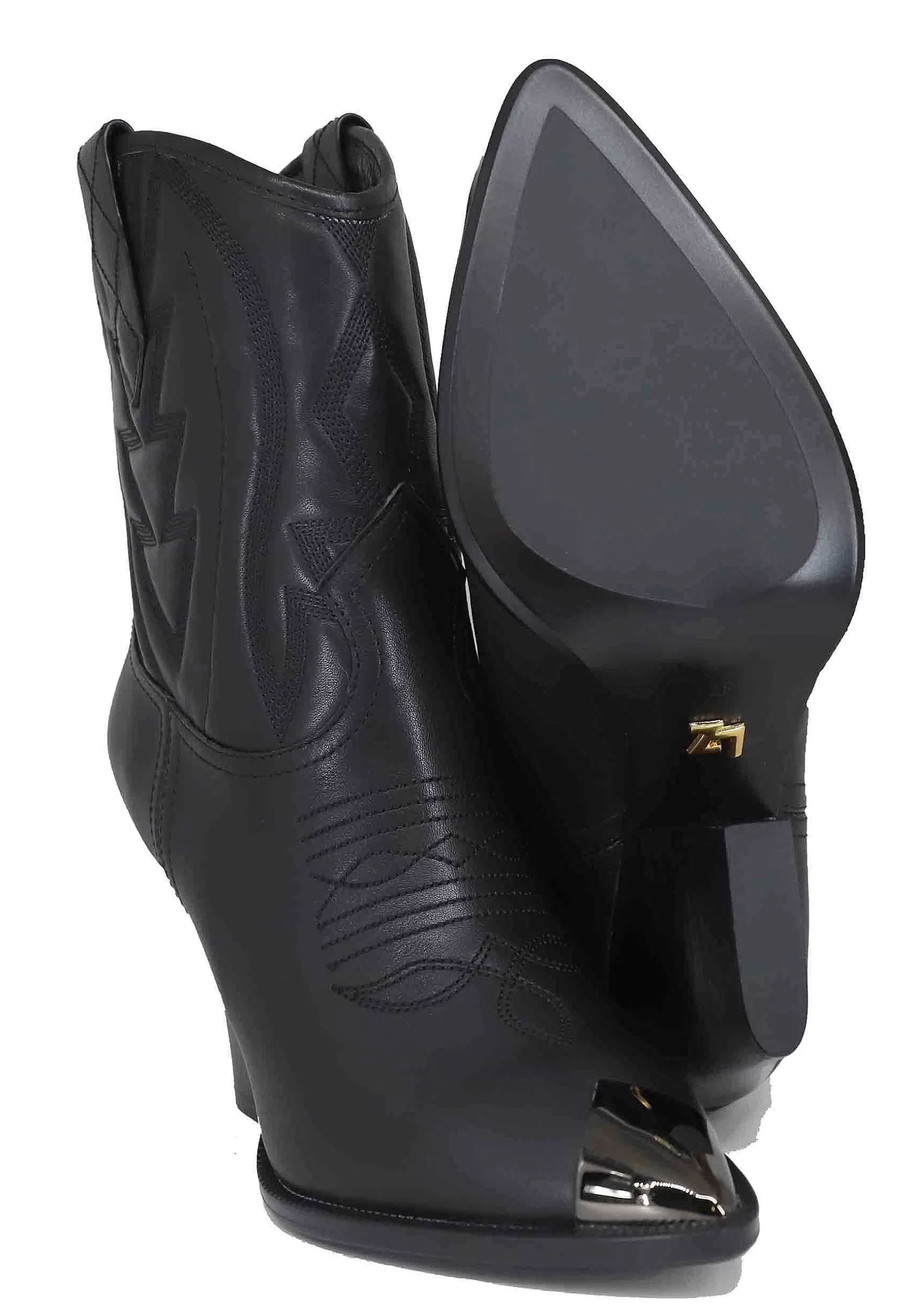 Stivaletti Texani Donna In Pelle Nera Con Cuciture In Tinta E Puntale In Acciaio Gambels*Lola Cruz Store
