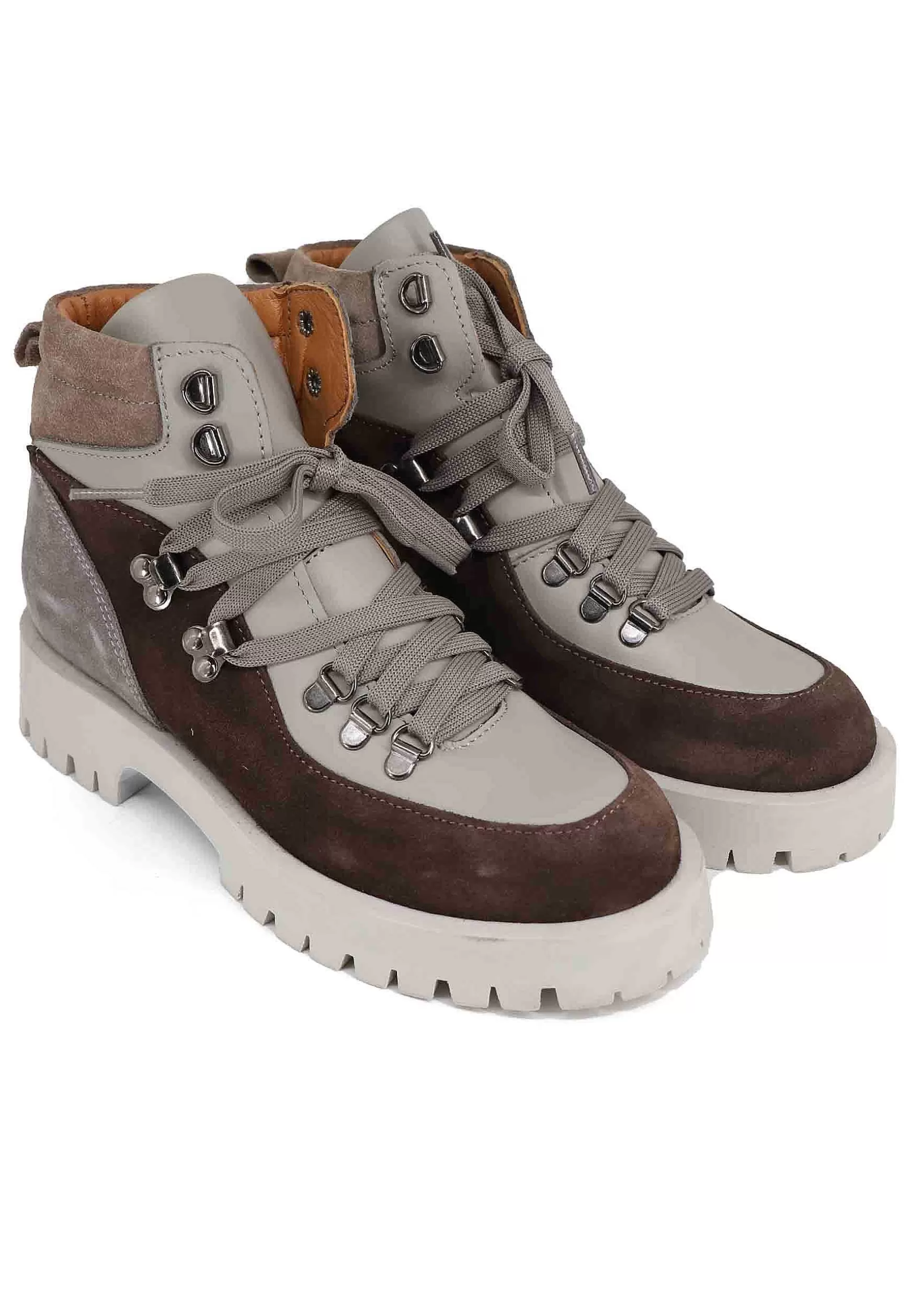 Stivaletti Trakking Donna In Pelle Grigia E Camoscio Marrone Con Suola Carrarmato** Cheap