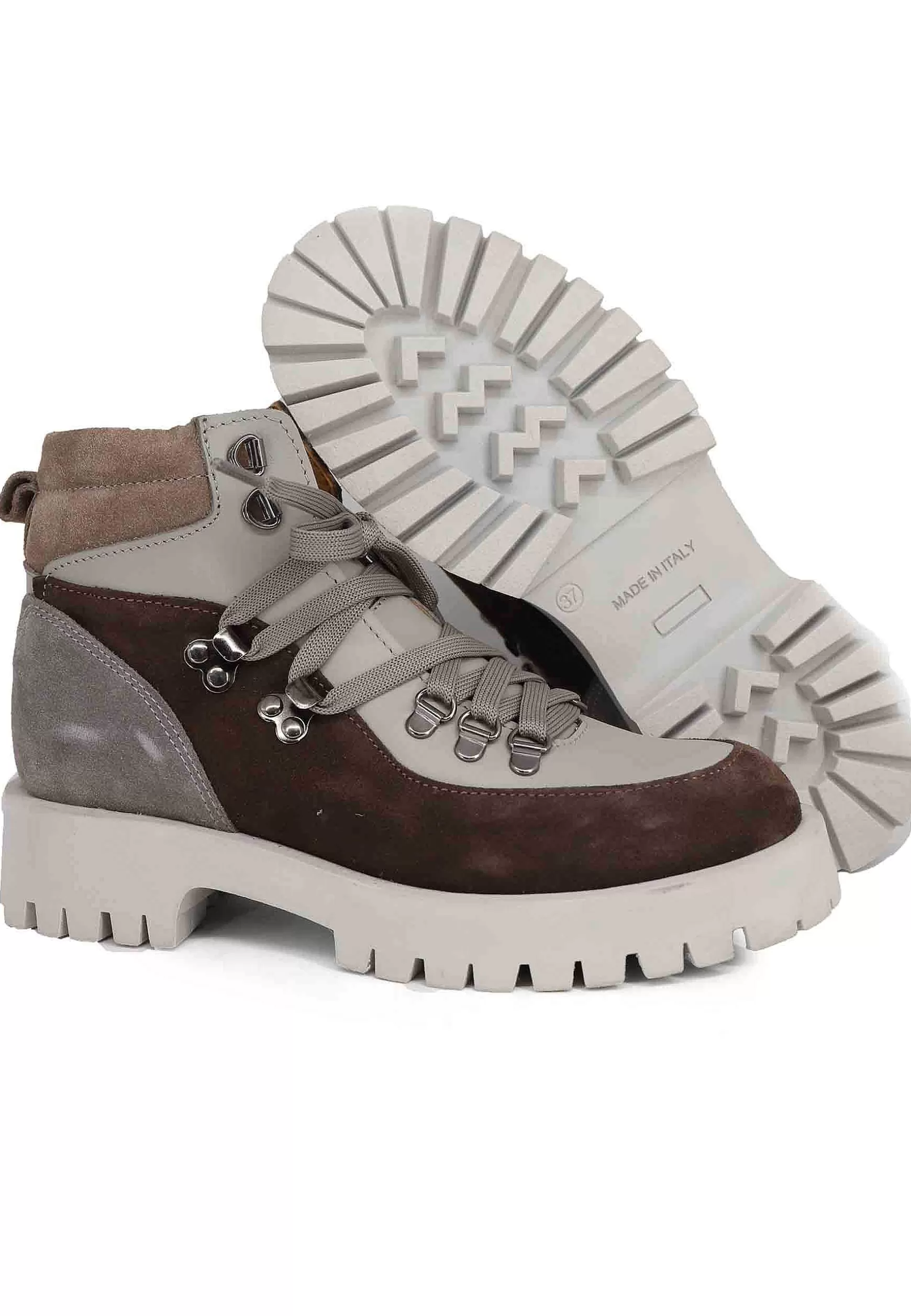 Stivaletti Trakking Donna In Pelle Grigia E Camoscio Marrone Con Suola Carrarmato** Cheap