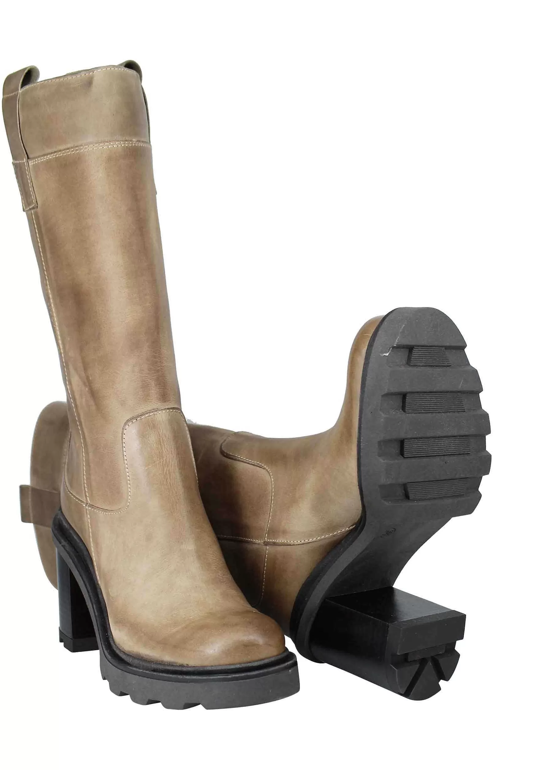 Stivali Anfibi Donna In Pelle Taupe Tacco Alto Con Fondo Carrarmato** Sale