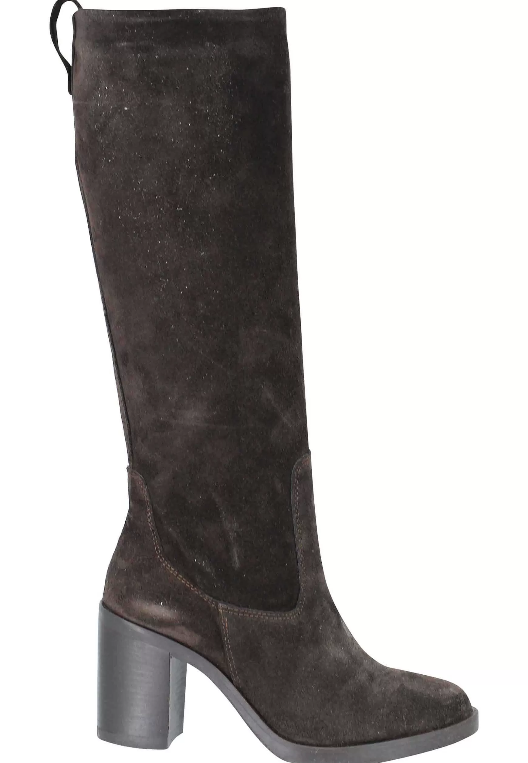 Stivali Donna A Tubo In Camoscio Tesra Di Moro Con Tacco In Cuoio E Punta Tonda** Flash Sale