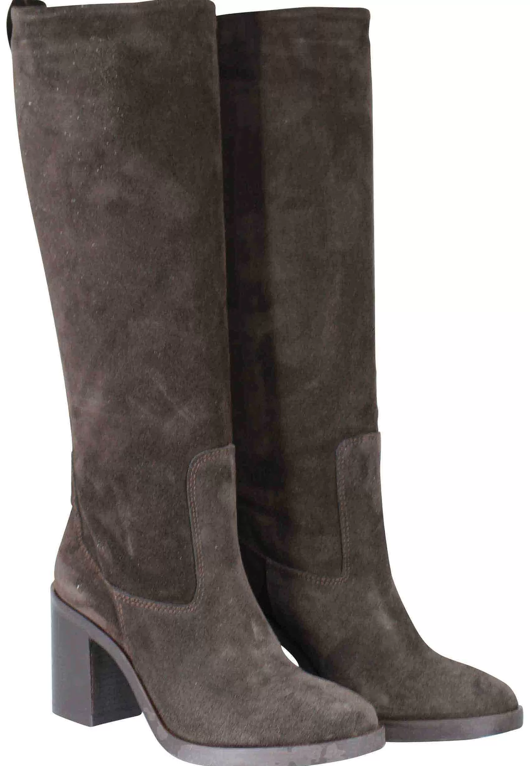 Stivali Donna A Tubo In Camoscio Tesra Di Moro Con Tacco In Cuoio E Punta Tonda** Flash Sale