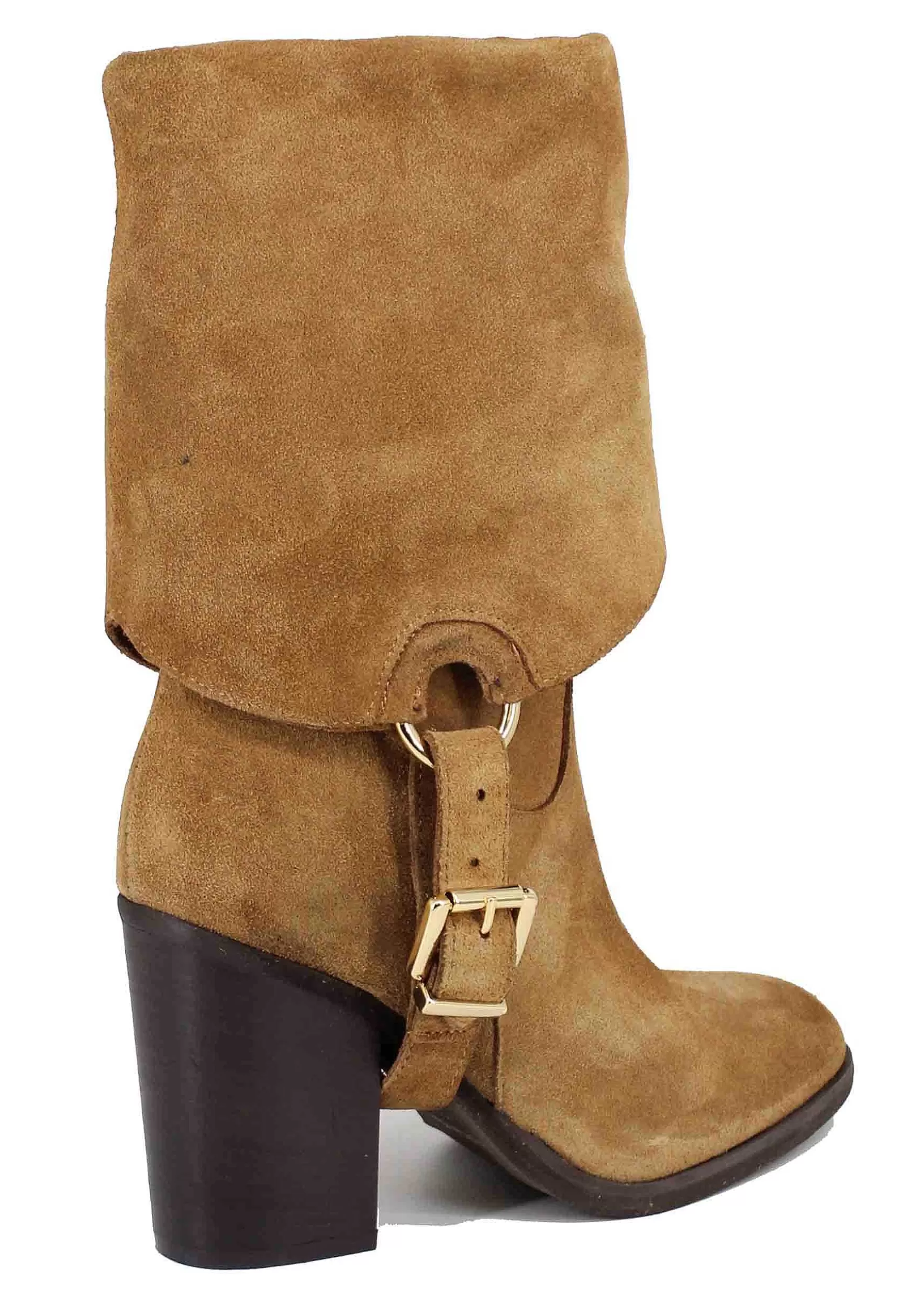 Stivali Donna In Camoscio Cuoio Con Risvolto E Tacco Alto** New