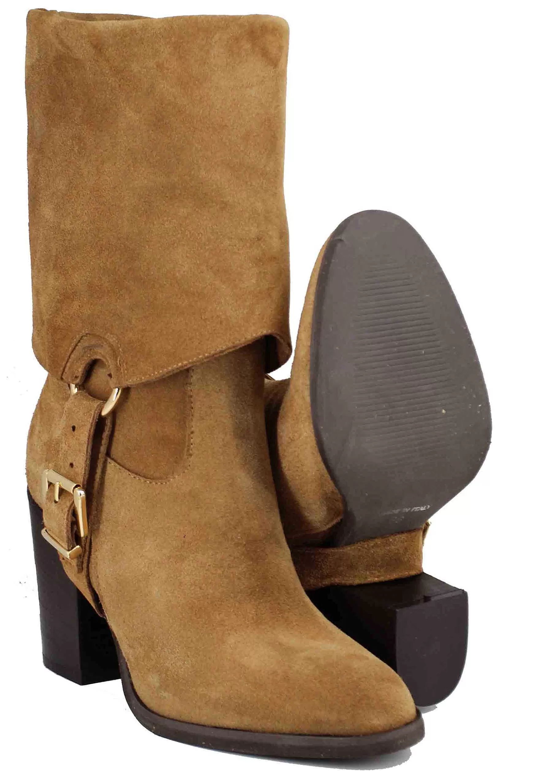 Stivali Donna In Camoscio Cuoio Con Risvolto E Tacco Alto** New