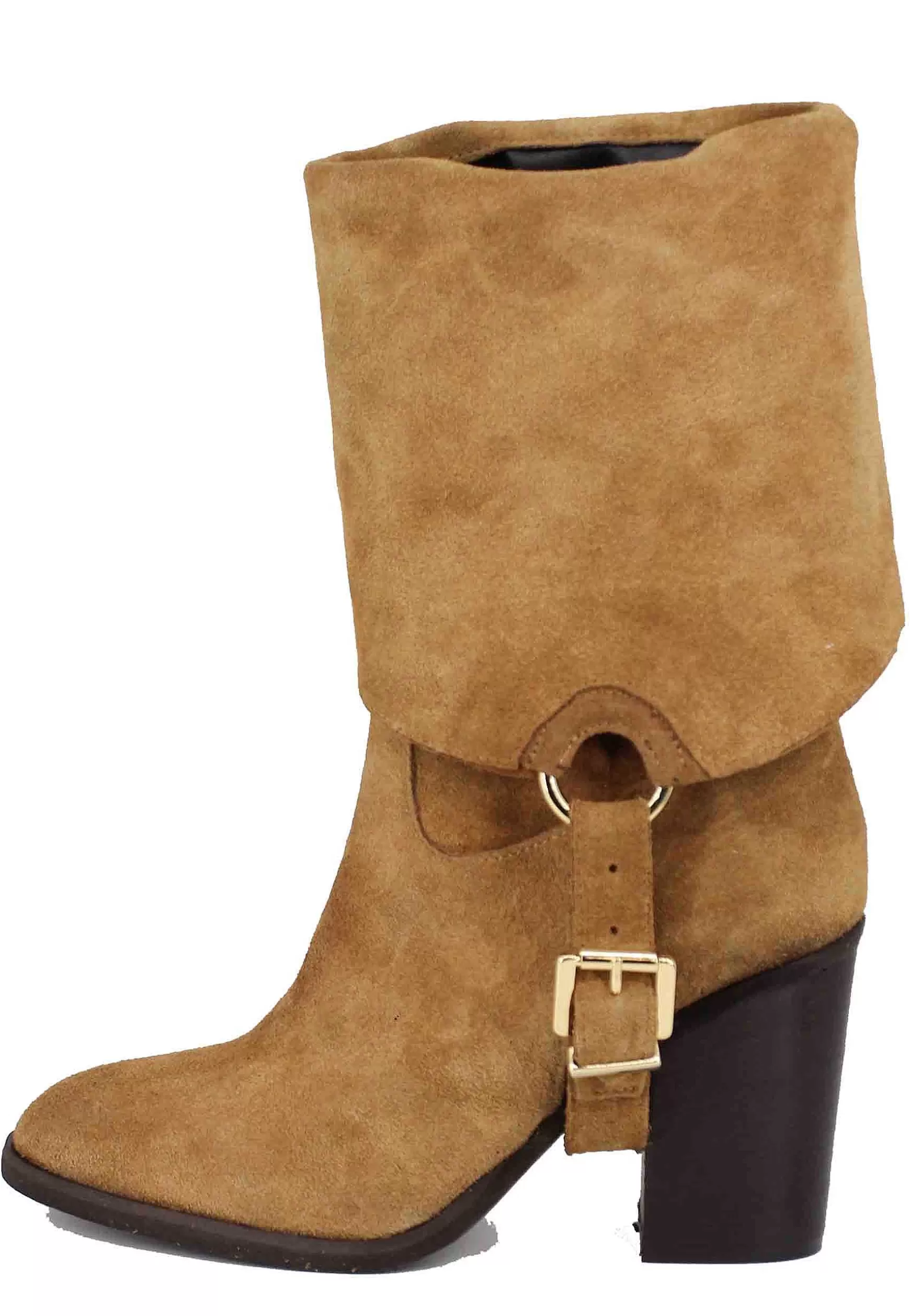 Stivali Donna In Camoscio Cuoio Con Risvolto E Tacco Alto** New