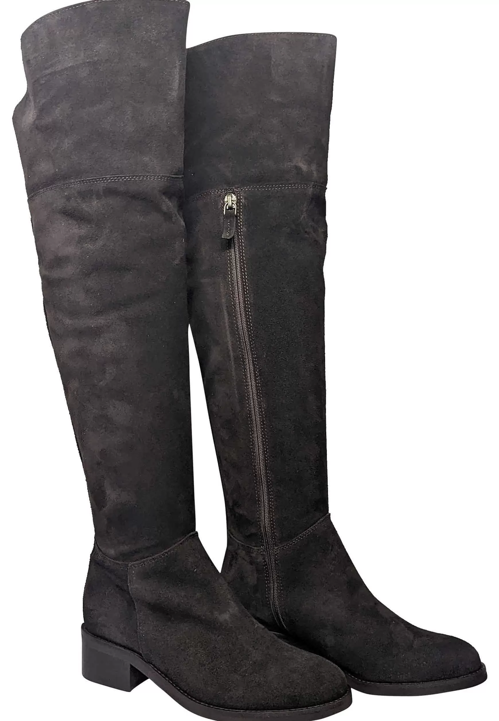 Stivali Donna In Camoscio Marrone Con Risvolto Tacco Medio In Cuoio** Clearance