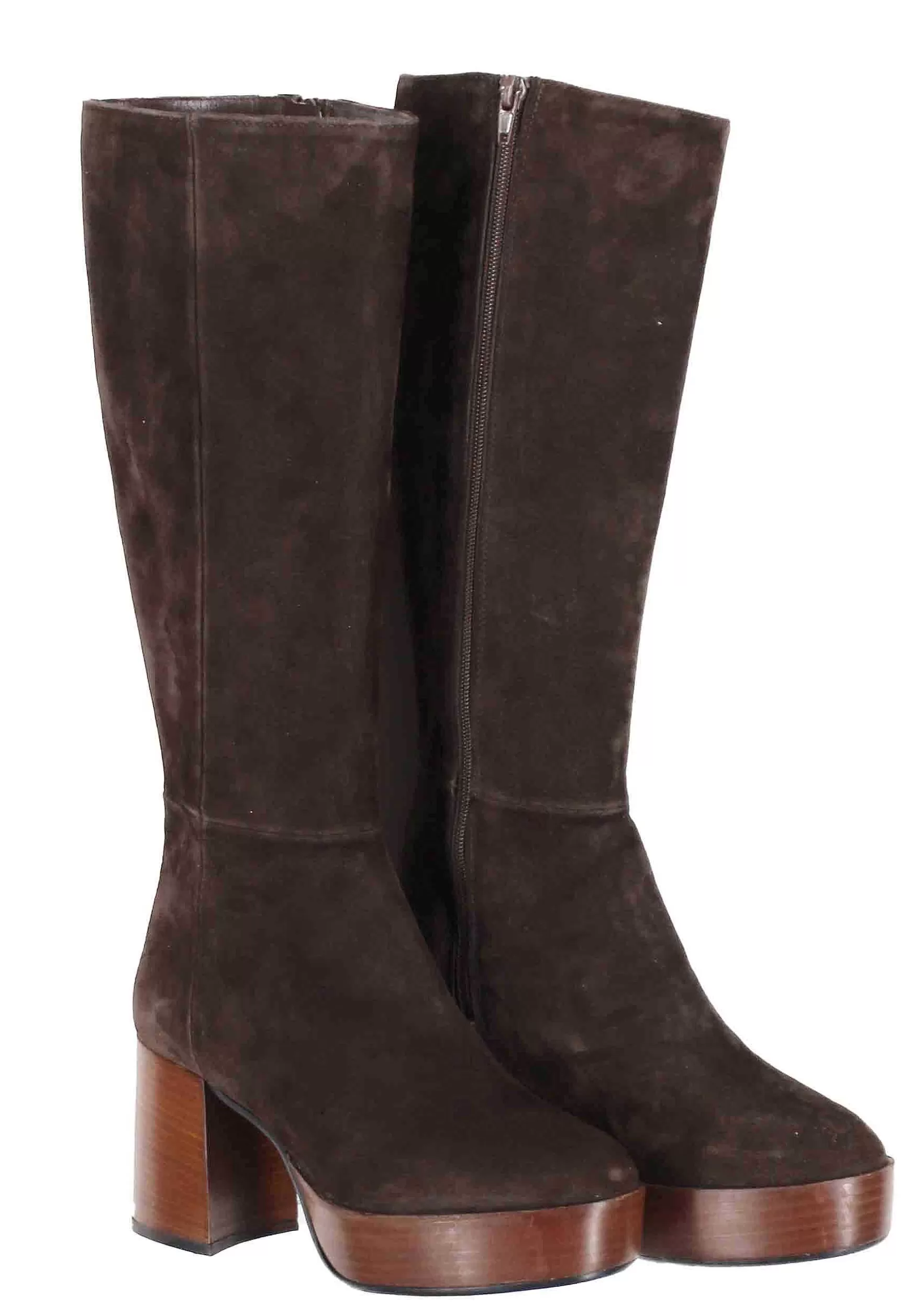 Stivai Donna In Camoscio Testa Di Moro Con Tacco E Pateau*L New