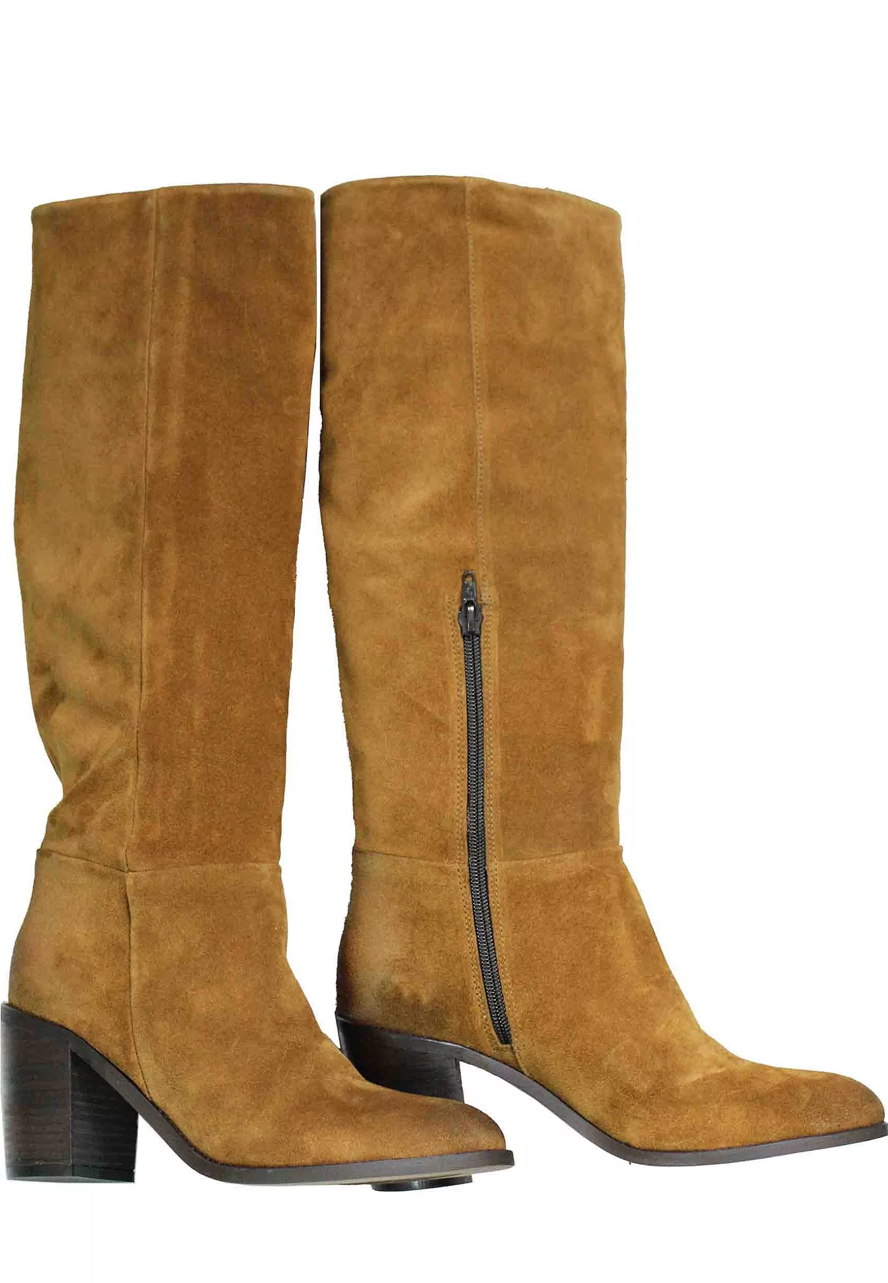 Stivali Donna In Camoscio Testa Di Moro Con Tacco In Cuoio E Punta Semi Tonda*Onakò Cheap