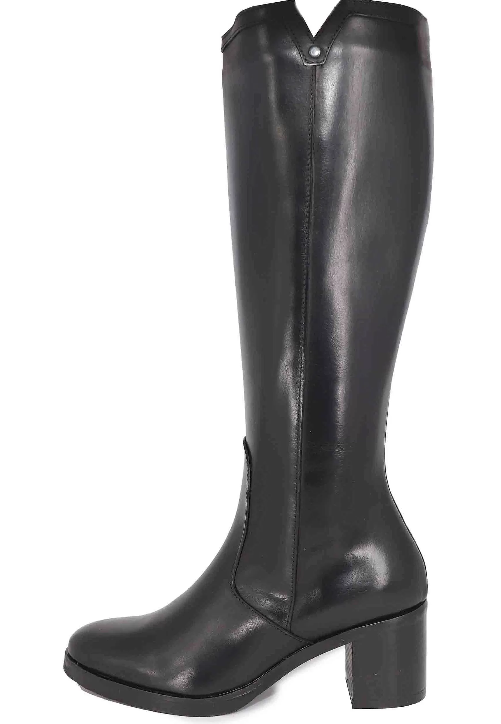 Stivali Donna In Pelle Nera Con Tacco E Punta Tonda** Fashion