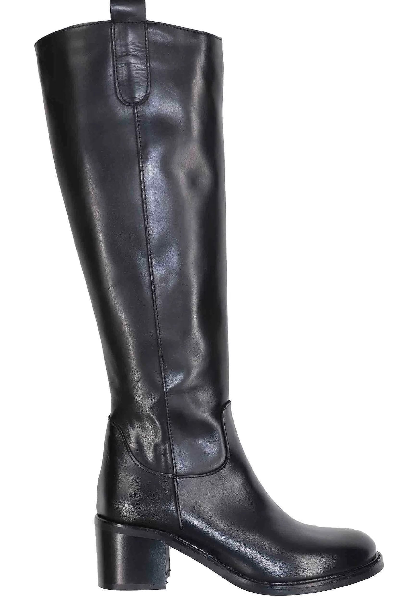 Stivali Donna In Pelle Nera Con Tacco In Cuoio E Tirante Laterale** Clearance