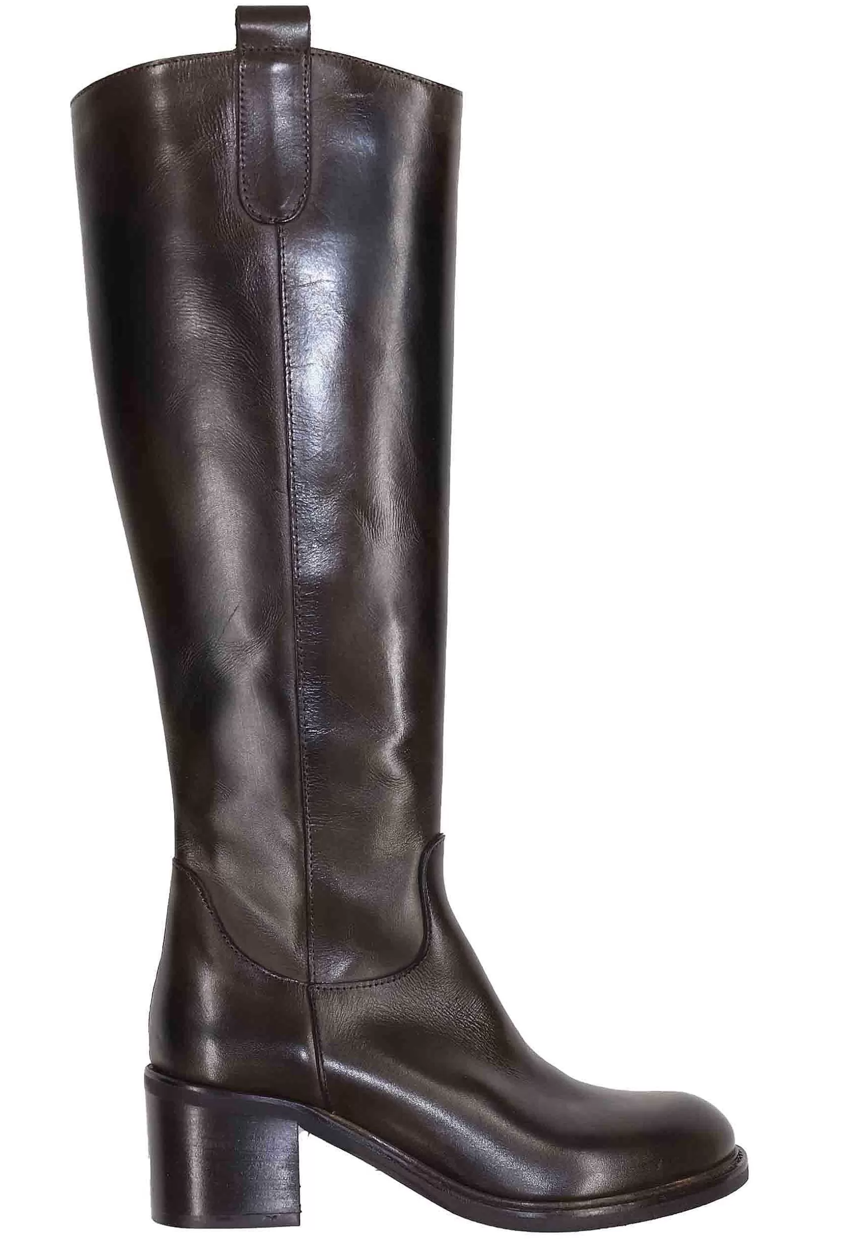 Stivali Donna In Pelle Testa Di Moro Con Tacco In Cuoio E Tirante Laterale** Shop