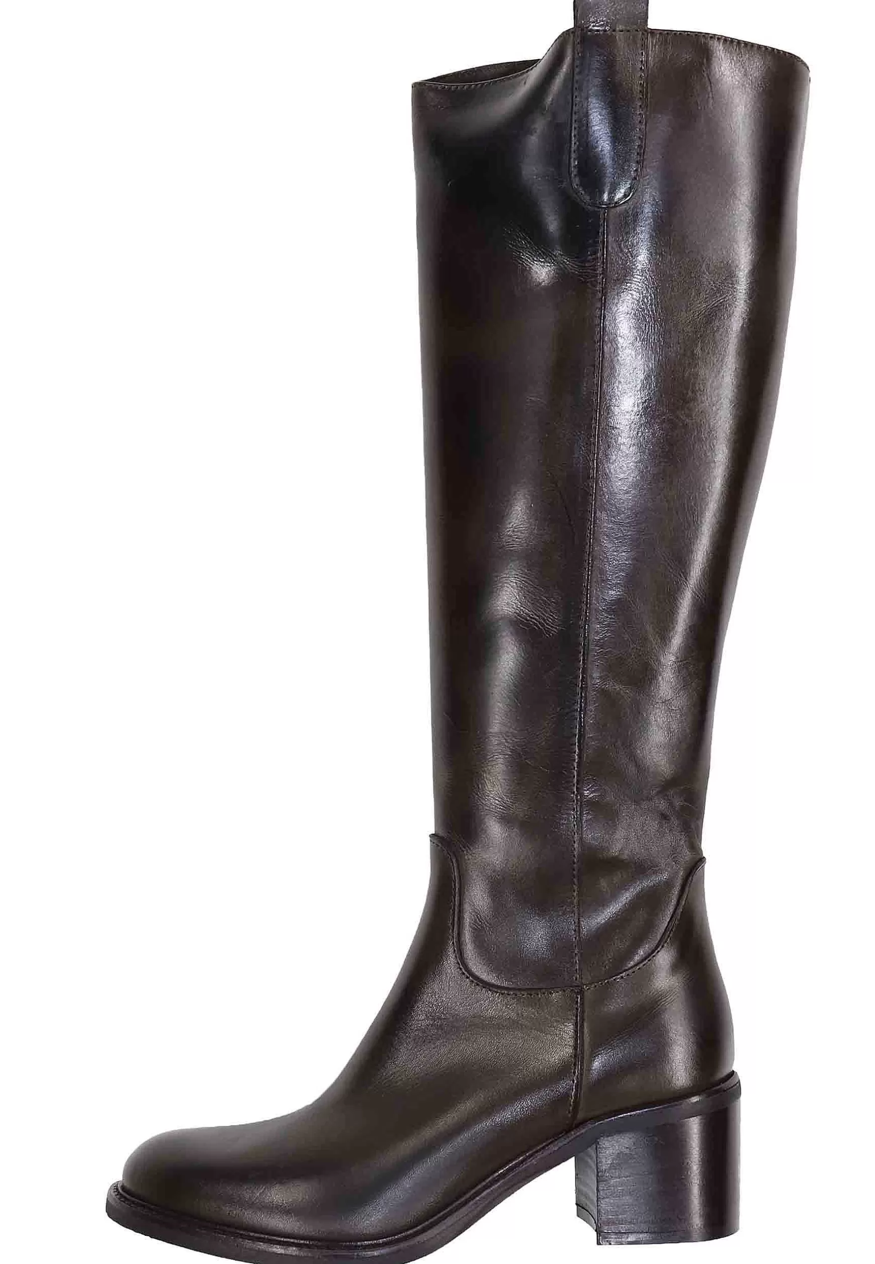 Stivali Donna In Pelle Testa Di Moro Con Tacco In Cuoio E Tirante Laterale** Shop