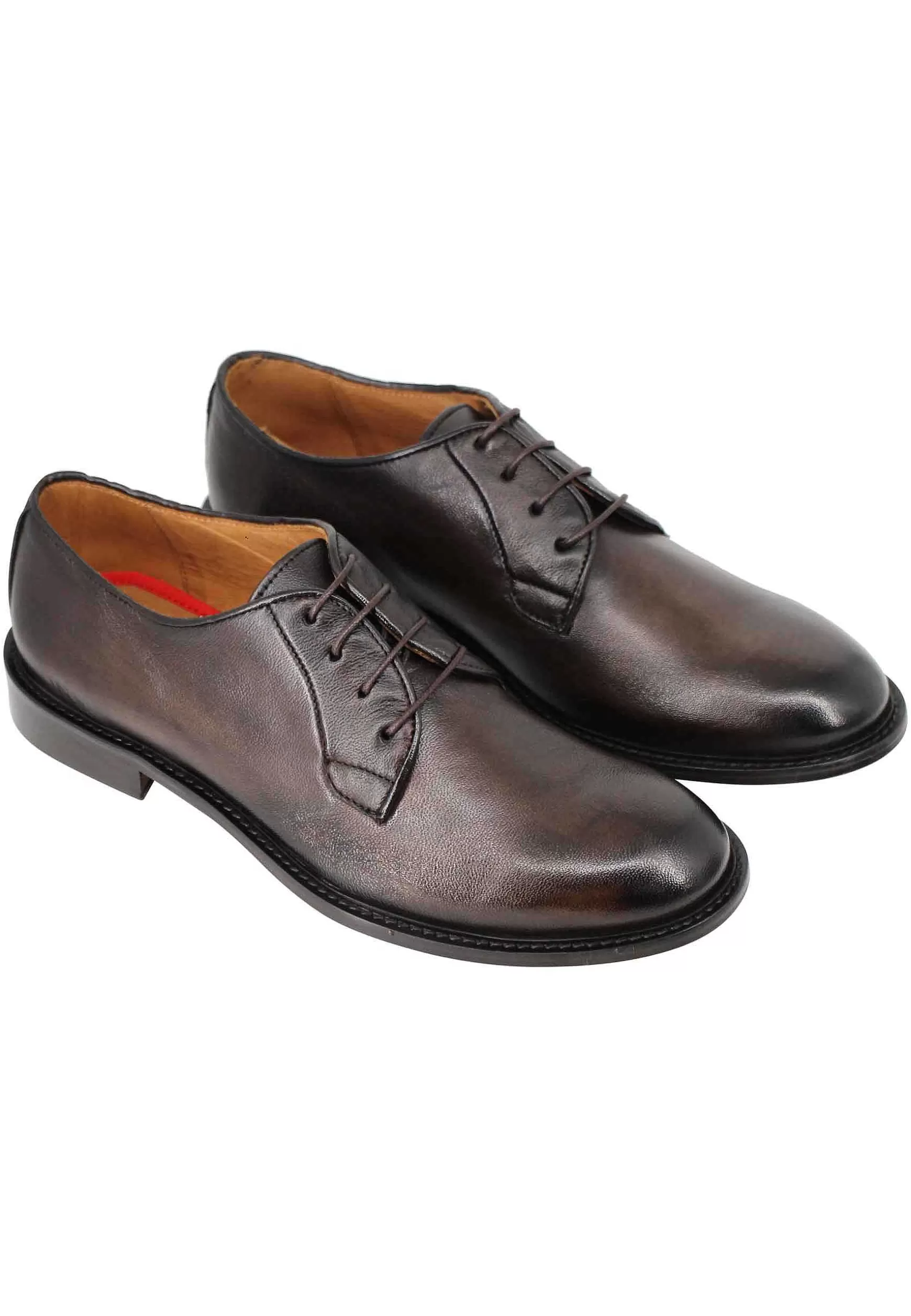 Stringate Uomo In Pelle Testa Di Moro Con Suola In Cuoio** New