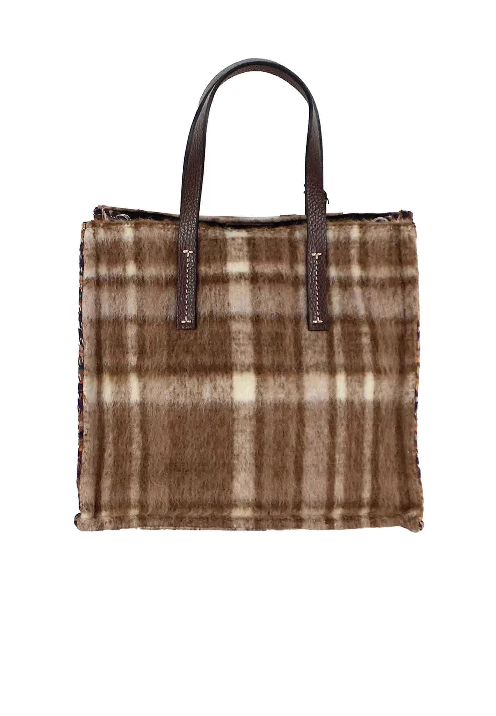 Tote Bag Donna In Tessuto Tartan Taupe A Fantasia Con Tracolla In Pelle*Kassiopea New
