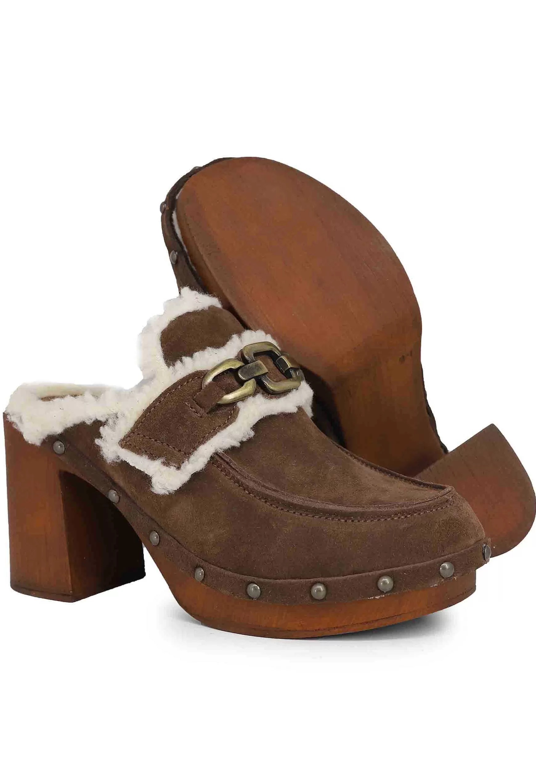 Zoccoli Donna In Camoscio Testa Di Moro Con Fodera In Eco Fur E Tacco Alto*Glove Best Sale