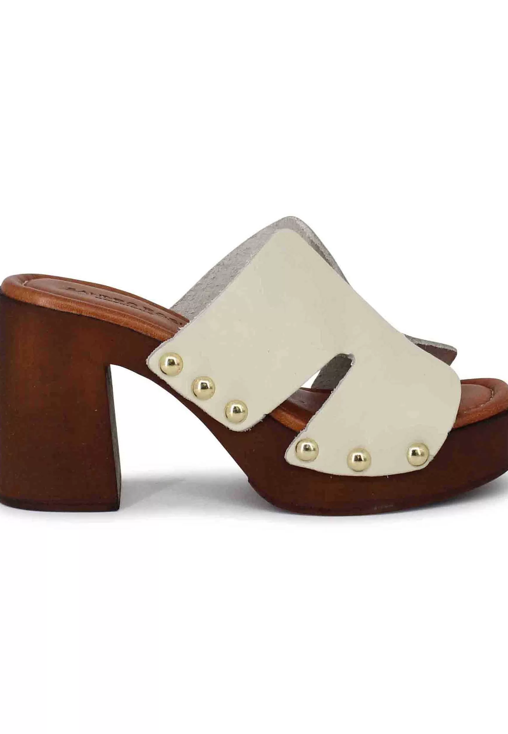 Zoccoli Donna In Pelle Off White Con Fibbie Oro E Tacco Alto*Sandro Rosi Sale