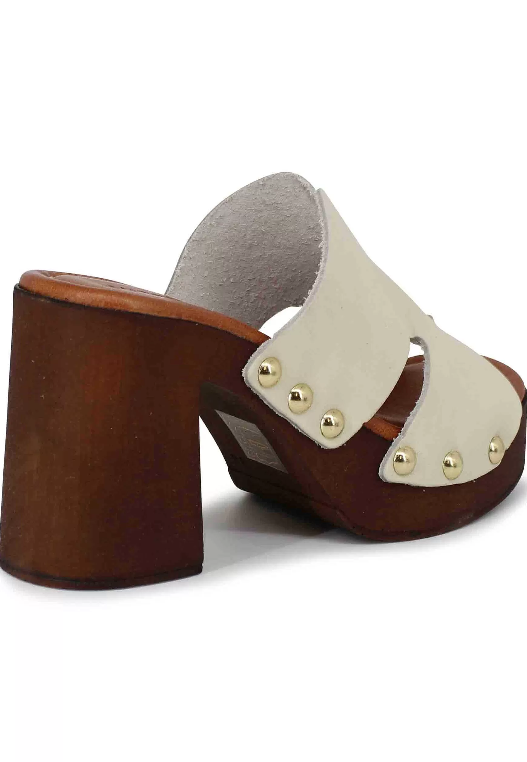 Zoccoli Donna In Pelle Off White Con Fibbie Oro E Tacco Alto*Sandro Rosi Sale